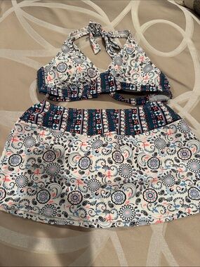 VENUS White Navy Pink Patterned Halter Bikini Top and Skirt